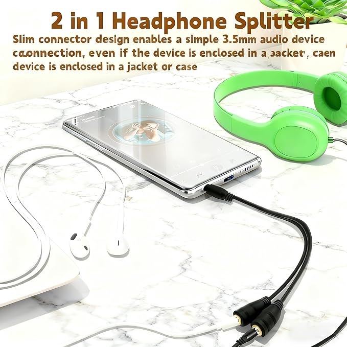 2-pack 3.5mm Audio Headphone Splitter – Dual Listening and Speaker Jack Y Adapter for Sharing Music or Videos – Compatible with iPhone, iPad, Laptops, Tablets, and Other Devices with AUX Port