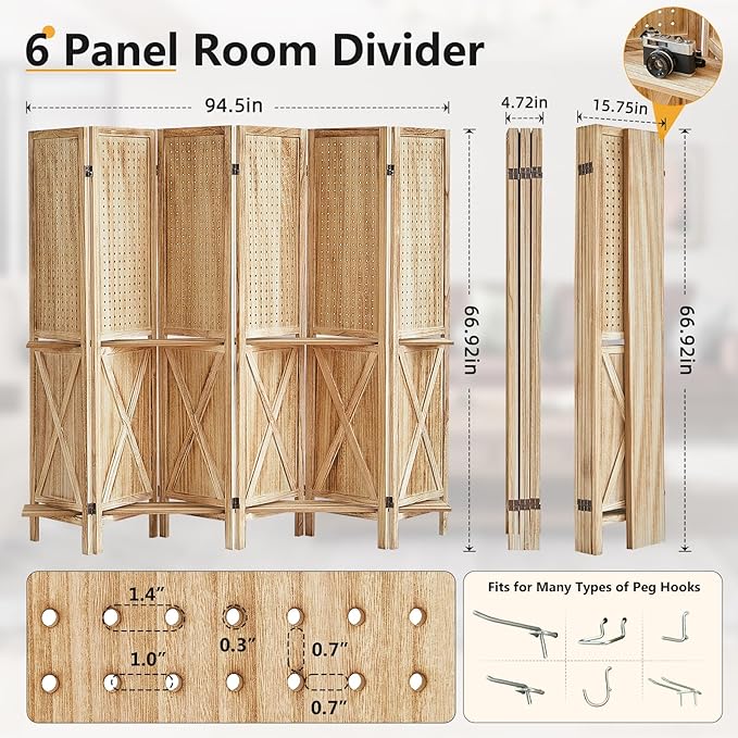 Aleesing 6 Panel Pegboard Display with Shelf, Wooden Pegboard Room Divider Wall with 24 Hooks, Partition Room Dividers and Folding Privacy Screens, Bedroom, Jewelry Store, Natural