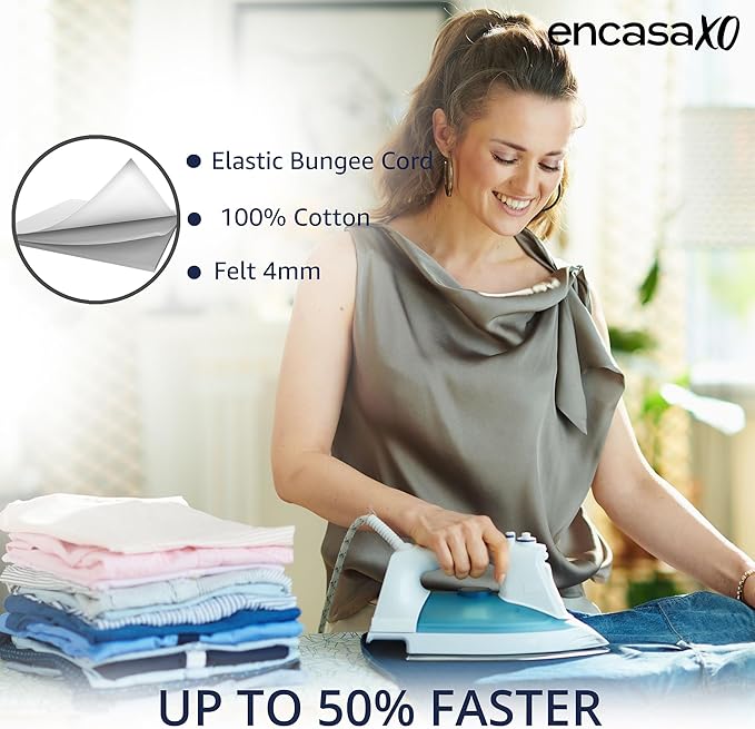 Encasa XO Ironing Board Cover and Pad 42"x14" - 4mm Felt Medium Iron Board Cover with Padding - Heat Resistant, Stain-Safe Dye, Non Slip Elastic Bungee Cord Tightening Iron Table Cover Grey