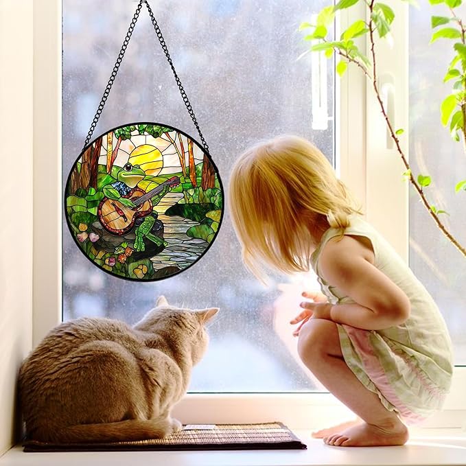DASTOLL Stained Glass Window Hanging, Frog Playing Guitar Suncatcher Diamond Glass Panel Funny Sun Catchers Decor for Birthday for Women, Men, Wife, Aunt, and Mom 9.8 in