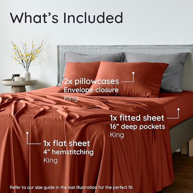 Bambaw 100% Viscose Derived from Bamboo Sheets King Size Set – 4pcs Super Soft & Cooling Sheets, Luxury Sheet Set King Deep Pocket, Fits Up to 16'' Mattresses with Elastic Corner Straps (Terracotta)