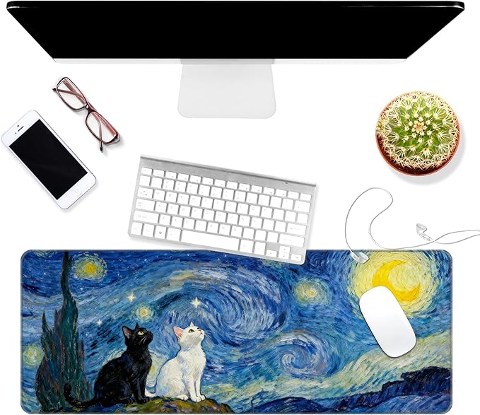 Dynippy Thin Extended Gaming Mouse Pad （31.5 * 11.8 * 0.08 inch） with Stitched Edges Large Mousepad Long XXL Keyboard and Mouse pad Desk Mat for Gaming Office & Home - Starry Night Cat