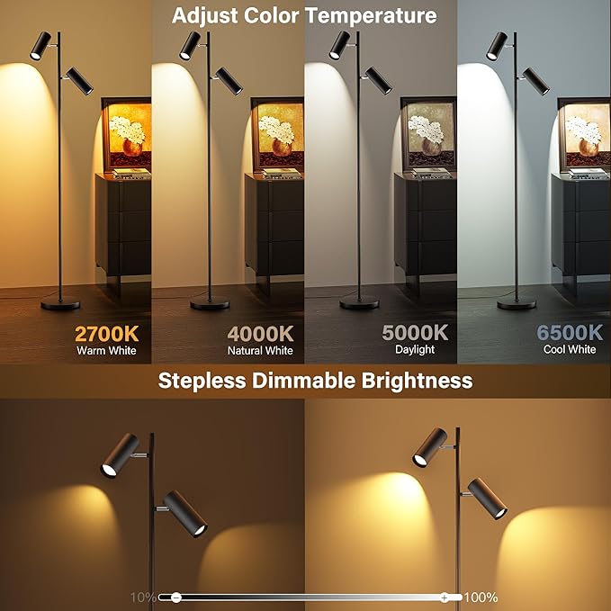 SIBRILLE Spotlight Floor Lamp, Tall LED Standing Lamp with Remote/Touch Control, 2700K-6500K, 350°Rotating Head Standing Lamp, Reading Floor Lamp for Living Room, Bedroom, Office & Wall Art, Dual Head