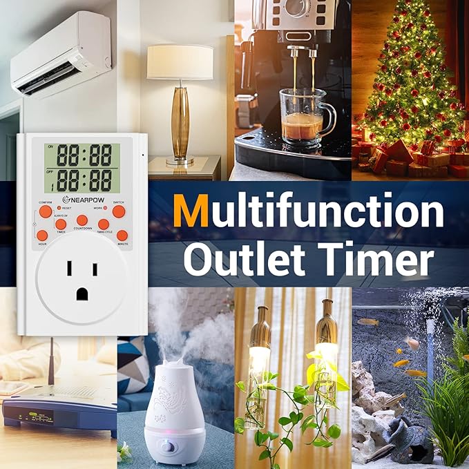 Timer Outlet, Nearpow Multifunctional Infinite Cycle Programmable Plug-in Digital Timer Switch with 3-Prong Outlet for Appliances, Energy-Saving Timer, 15A/1800W