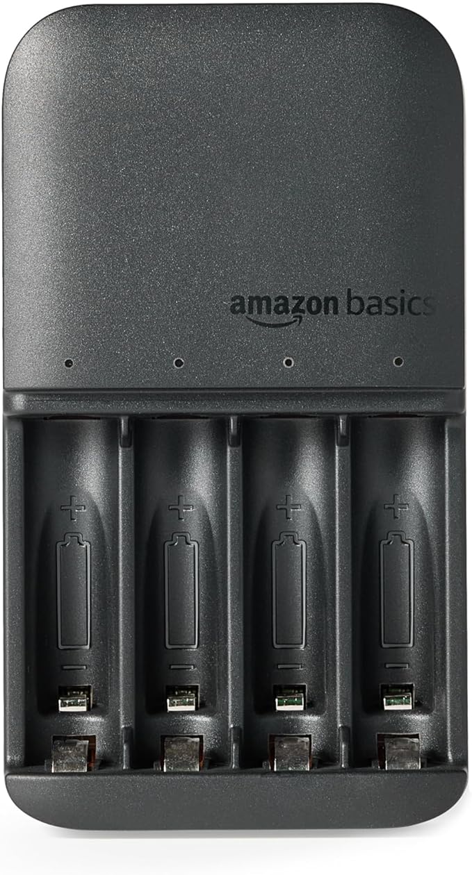 Amazon Basics NiMh Rechargeable Batteries (4 AA & 4 AAA) with 4 Bay Battery Charger, Type A (American) Plug, Black, 8 Count