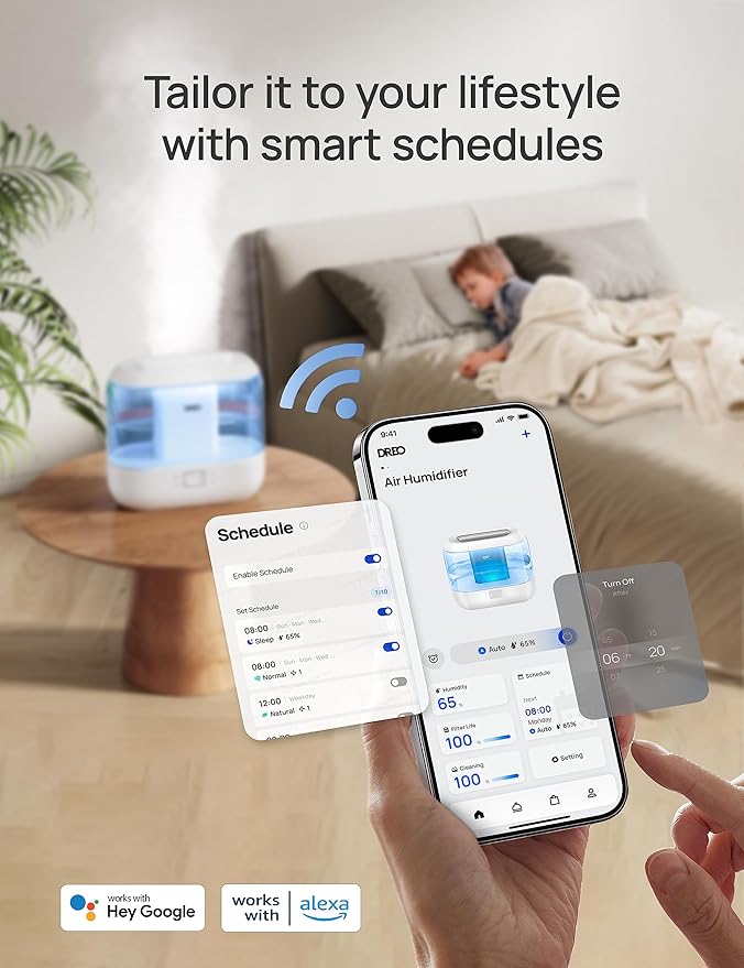 DREO Smart Humidifiers for Bedroom, Top Fill 4L Supersized Humidifier Large Room with 28 dB, 36H Runtime, Touch/APP/Voice Control, Nightlight, Cool Mist Humidifiers for Baby, Plants, Indoor, Blue