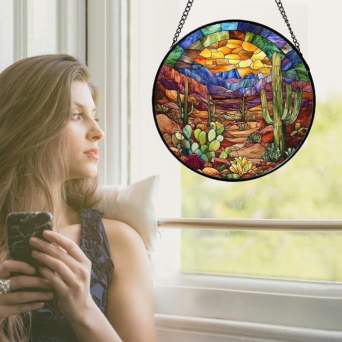 CRISGIF Stained Glass Window Hanging Cactus Mountains Landscape 9.8" - Suncatcher Door Garden Sunroom Sun Catcher Home Decor Birthday Christmas for Mom Men Woman Nana