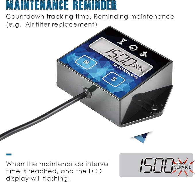 Runleader Small Engine Hour Meter, Digital Tachometer, Maintenance Reminder, Battery Replaceable, User Shutdown, Use for ZTR Lawn Mower Tractor Generator Marine Outboard ATV (HM011F)