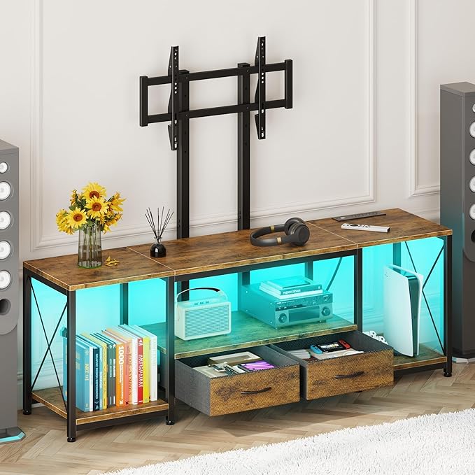 GYIIYUO LED TV Stand with Mount and Power Outlet & Fabric Drawers for 32-85 Inches TV - Entertainment Center and Corner Tv Stand for Living Room, Bedroom- 47" Rustic Brown (Max VESA 600mm × 400mm | with Mount, Power Outlet, Fabric Drawers, 32-85 Inches TV