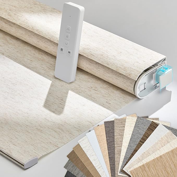 Persilux Smart Motorized Blinds with Remote, No Drill Automatic Roller Shades for Indoor Windows, Light Filtering Linen Fabric, Electric Blinds for Windows, Linen Cream C156-1, Custom Size