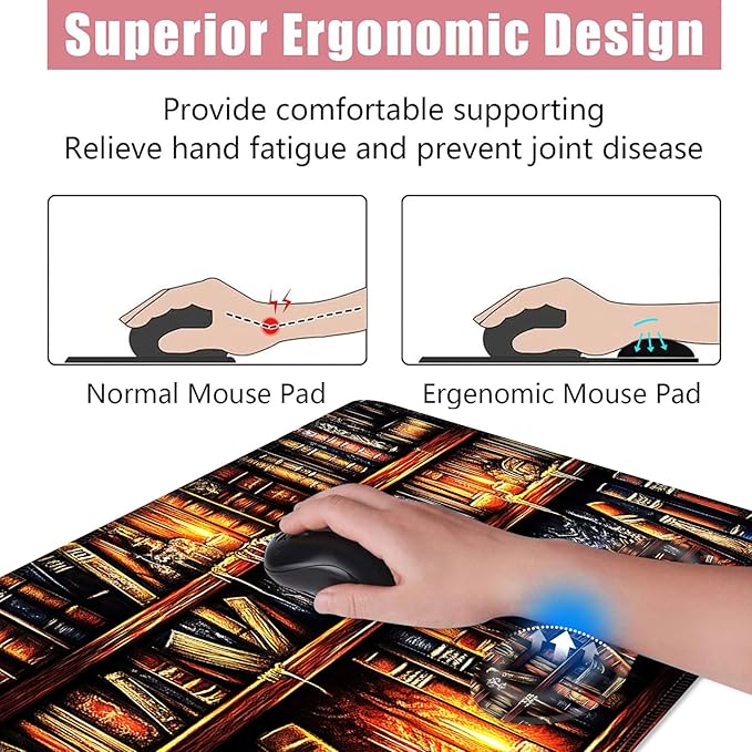 BFUKVOU Large Keyboard Mouse Pad Set, Extended Mouse Pad+Keyboard Wrist Rest Support, Memory Foam Ergonomic Easy Typing, 4Pcs (31.5×11.8 in) Desk Pad Set for Office Home,Vintage Bookshelf