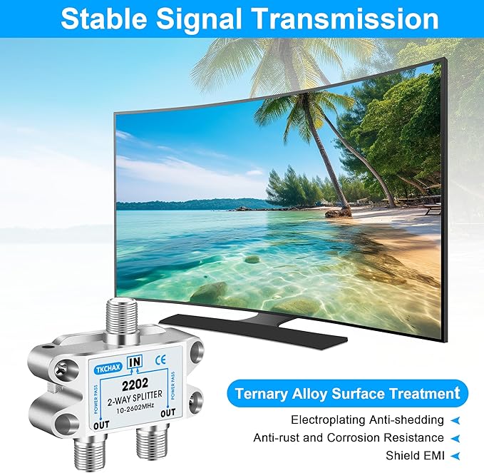 TKCHAX 2 Way Coaxial Cable Splitter,Support 10-2602MHz, RG6 Compatible, Nickel-Plated for Cable Splitter,Work with CATV, Satellite TV,Antenna System and MoCA Configurations