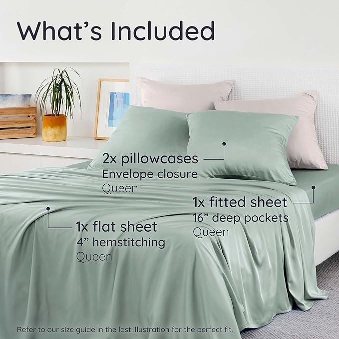 Bambaw 100% Viscose Derived from Bamboo Sheets Queen Size Deep Pocket Set – 4pcs Hotel Luxury Bedding Set, Fits Up to 16'' with Elastic Corner Straps, Ultra Soft Cooling Sheets Queen Size (Sea Glass)
