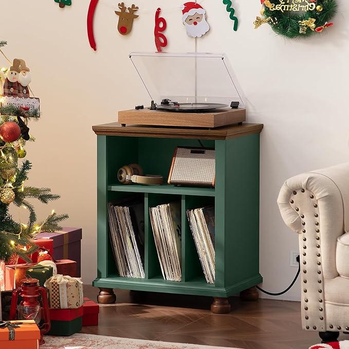 Joaxswe Record Player Stand with Charging Station Up to 200 Albums, 24" Wide Mid-Century Record Player Table with Vinyl Record Storage,Large Wood Turntable Stand Dispaly Cabinet for Living Room,Green