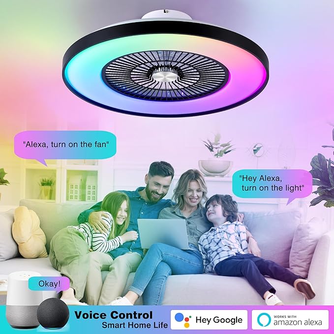 HUMHOLD 24" Bladeless Ceiling Fans with Lights and Remote/APP/Voice Control, Low Profile Ceiling Fan with RGB Lights, Enclosed Flush Mount Ceiling Fan for Kid's Bedroom/Living Room