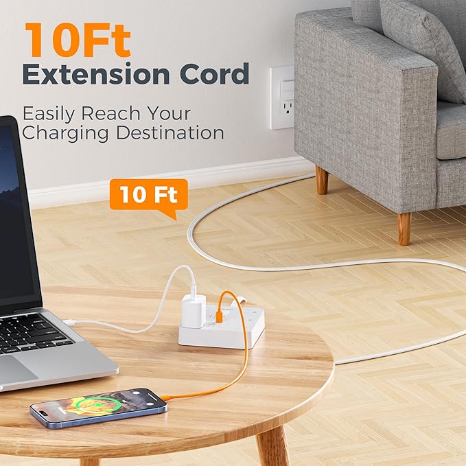 1700J Surge Protector Power Strip, TESSAN 10Ft Extension Cord with Multiple Outlets, Outlet Extender with 6 AC, 3 USB Ports(1 USB C), Charging Station for Home Office Dorm Room Essentials, White