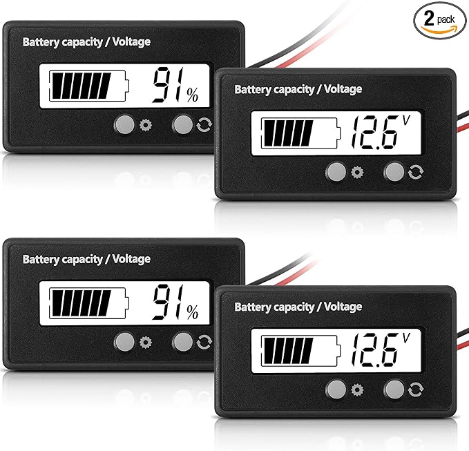 Frienda 2 Pieces Dc 12v 24v 36v 48v 60v 72v 84v Golf Cart Battery Meter with Alarm, Front Setting and Switch Key Battery Capacity Voltage Indicator Gauge Acid and Lithium Ion Indicator(White)