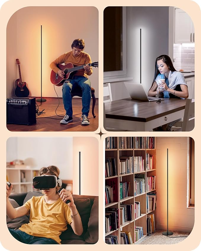 EDISHINE LED Corner Lamp, Set of 2 Minimalist Dimmable Tall Light with Remote, 57.5" Floor Lamps for Living Room, Bedroom, Home Office, 7 Color Temperature 2700-6000K (Black)