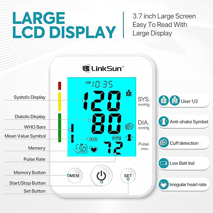 LinkSun Blood Pressure Monitor for Home Use with Large Upper Arm Cuff, Rechargeable Blood Pressure Machine with 100 Memory Recalls for 2 Users, Large LCD Screen, Charging Cable - 2008