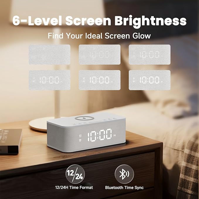 Fansbe Direct Digital Alarm Clock White Noise, Loud Digital Alarm Clocks Bedrooms, Alarm Clock Speaker Wireless Charger AUX USB Bluetooth Speaker 12/24H Dual Alarm Snooze Adjustable Brightness, White