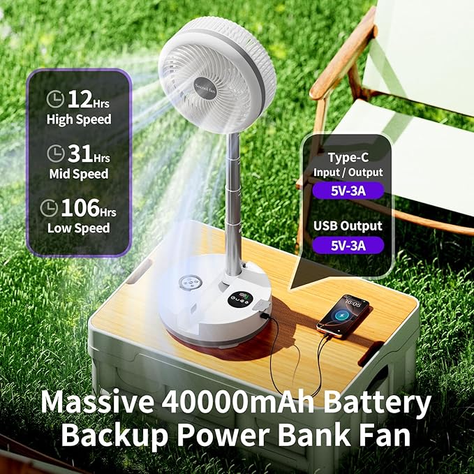 Socool 40000mAh Portable Fan Foldable Battery Rechargeable with 8 Speed & 106H, 90° Osciliating Floor Standing Fan Remote, Desk Fan with 8H Timer & LED Light for Home Outdoor Travel Camping