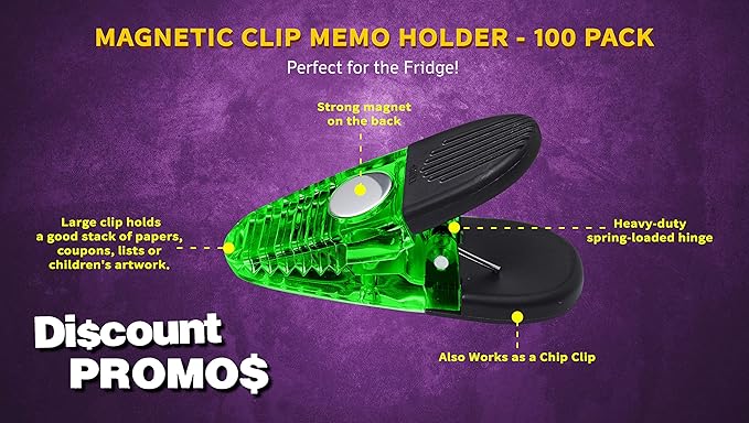 100 Magnetic Memo Holders Set - Customizable Text, Logo - Large Clip, Plastic - TGreen