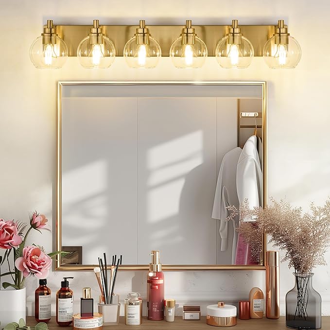 METWET Bathroom Light Fixtures, 6 Light Brushed Gold Vanity Light, 38 Inch Modern Wall Sconces with Globe Clear Glass Shade, Vanity Lighting Fixtures Over Mirror, VL195-BG-6