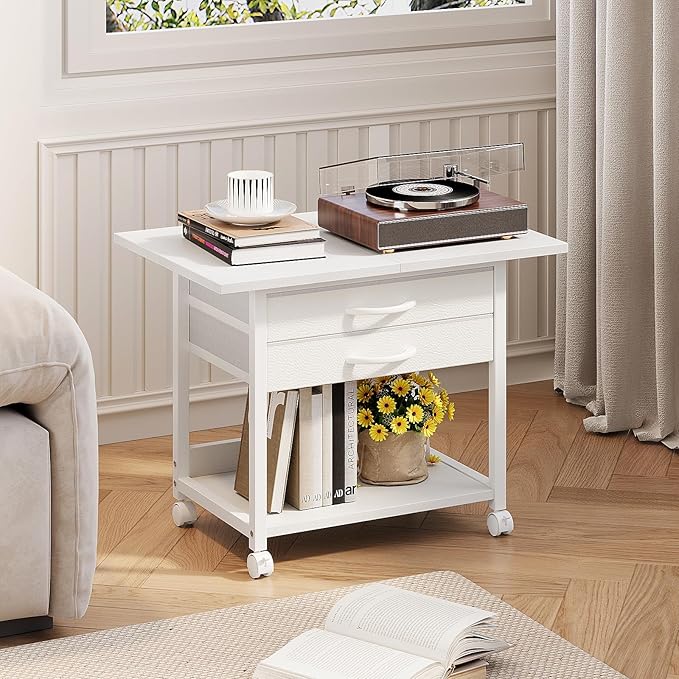 VENNQD Large Printer Stand with Storage Fabric Drawer Under Desk Printer Table with Wheels for Home Office, Printer Cart fit Fax Machine Scanner 23.4"x15.7" (White, 2 Tiers)