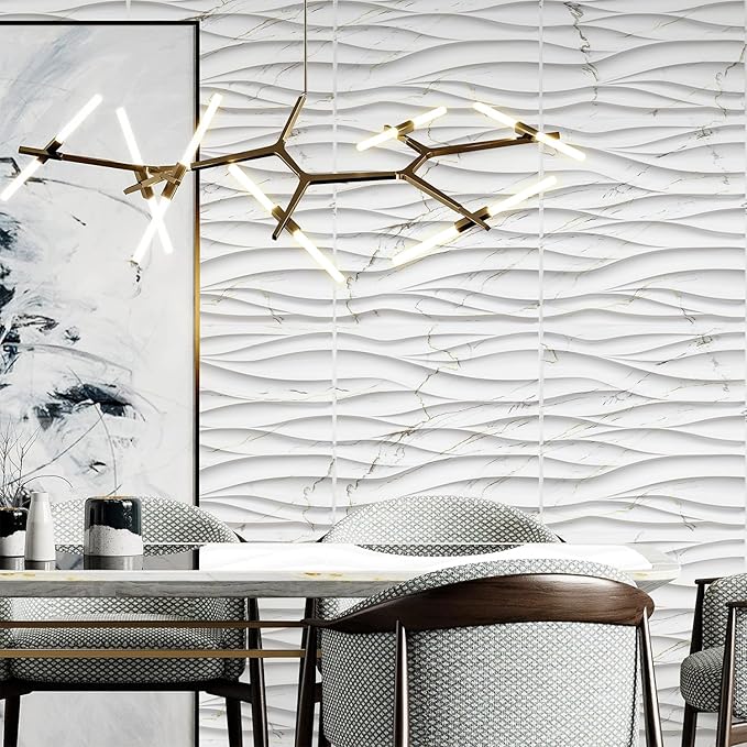 STICKGOO Wave Wall Panels for Interior Wall Decor, White Marble Mixed Gold Thread 3D Wall Panels Accent Wall, Decorative PVC Panels for Living Room Bedroom TV Background