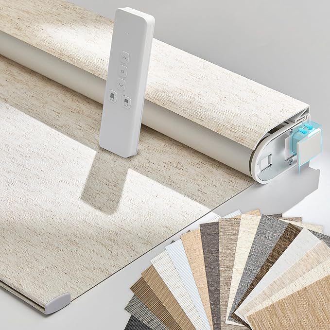 Persilux Smart Motorized Blinds with Remote, No Drill Automatic Roller Shades for Indoor Windows, Blackout Linen Fabric, Electric Blinds for Windows, Linen Cream C156BO-1, Custom Size