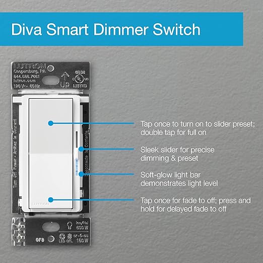 Lutron Diva Smart Dimmer Light Switch for Caseta Lighting (Lutron Smart Hub Required), for LED Lights, 150W, Single-Pole/3-Way, No Neutral, White, 2 Pack (DVRF-6LS-WH-2)