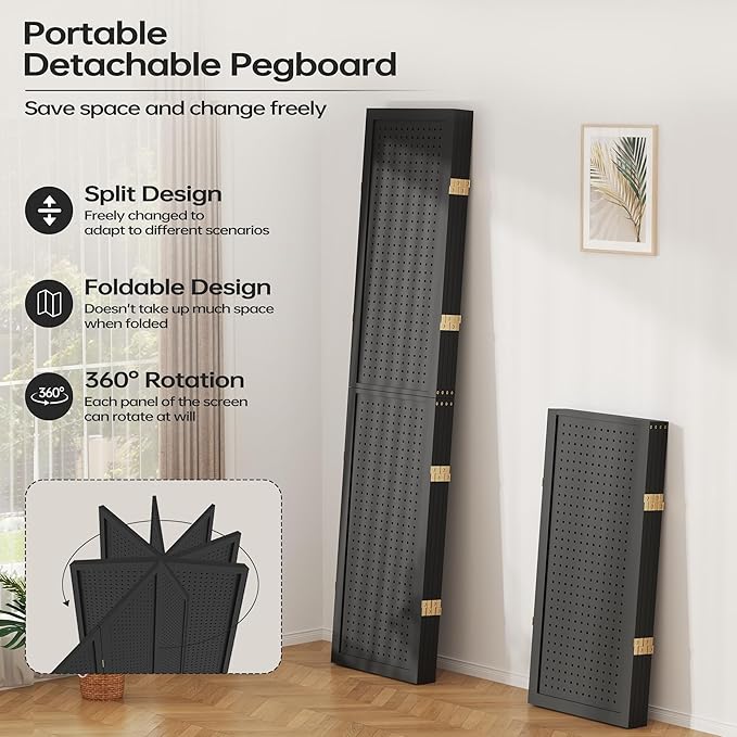 DURASPACE 4 Panel Room Divider 5.6 FT Pegboard Display Folding Wood Privacy Screen Pegboard Stand Organizer for Jewelry, Craft, Cloth, Art Display (Black)