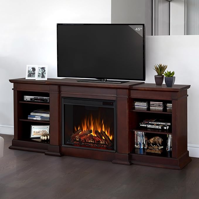 Real Flame Fresno 72" TV Stand with Electric Fireplace Dark Walnut, Entertainment Center with Electric Fireplace, Living Room TV Stand with Fireplace, fits up to 70" TV