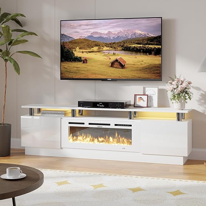 oneinmil Fireplace TV Stand with 36” Electric Fireplace, 70” 2 Tier TV Console Stand for TVs Up to 80", LED Light Entertainment Center, Fireplace for The Living Room TV Stand, White