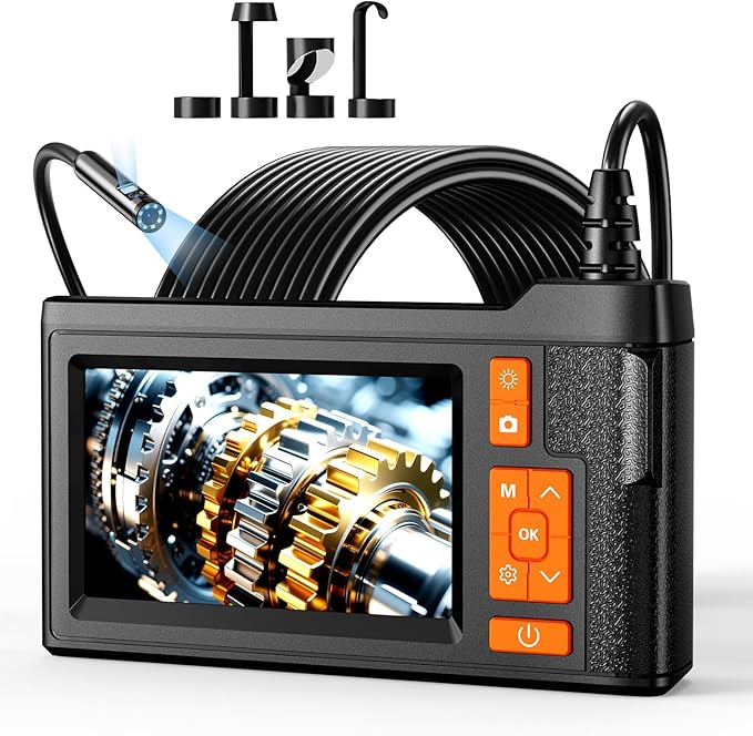 Dual Lens Endoscope Camera with Light, 4.3" Borescope with Photo/Video Function & Free(Built in 32GB Card), 16.4FT Semi-Rigid Snake Cable with IP67 Waterproof for Pipe, Engine & HVAC Inspection