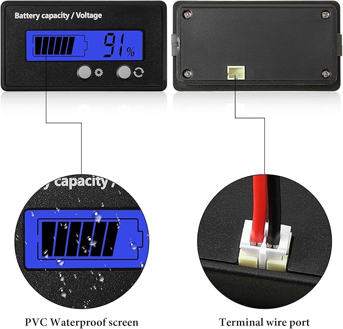 Frienda 2 Pieces Dc 12v 24v 36v 48v 60v 72v 84v Golf Cart Battery Meter with Alarm, Front Setting and Switch Key Battery Capacity Voltage Indicator Gauge Acid and Lithium Ion Indicator(Blue)