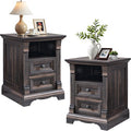 T4TREAM Farmhouse Nightstand Set of 2, 18" Sofa Side Table with Charging Station, Wood End Table w/Roman Column, Bedside Cabinet for Bedroom, Living Room, Dark Rustic Oak
