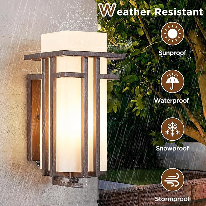 EERU Oil Rubbed Bronze Porch Light Dusk to Dawn Outdoor Sconce Matte Brown Wall Lantern with Frosted Glass Outside House Lighting Waterproof Exterior Light Fixture for Patio Yards Garage Front Door