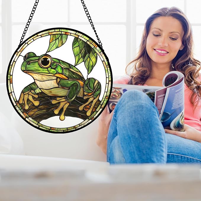 DASTOLL Stained Glass Window Hanging, Frog Green Leaf Sun Catchers Colorful Glass Panel Cool Suncatcher Decor for Birthday for Women, Men, Wife, Aunt, and Mom 14.9x14.9 in
