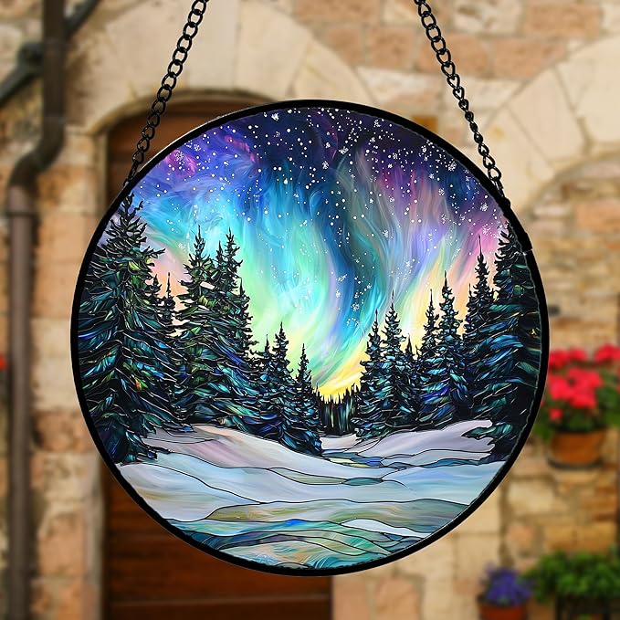 DASTOLL Stained Glass Window Hanging, Aurora Landscape Sun Catchers Glass Panel Green Trees Suncatcher Decor for Birthday for Women, Men, Wife, Aunt, and Mom 9.8 in