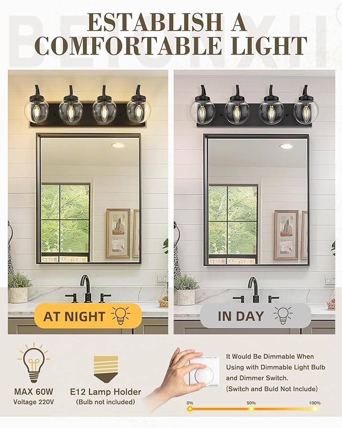Beionxii 4-Light Bathroom Light Fixtures, Black Bathroom Vanity Light with Clear Glass Shade, Modern Vanity Lighting Fixtures Over Mirror Living Room Hallway, BX-VL03MB-4CG