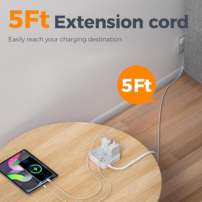 TESSAN Surge Protector Power Strip, 5 Ft Flat Plug Extension Cord with 4 Outlets 3 USB C Ports (1 USB C),900 Joules, 1875W 15A, Multiple Wall Outlet Extender Suitable for Office, Dorm Room Essentials