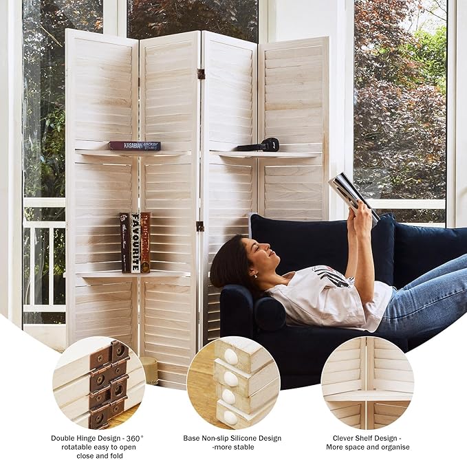 Partition Room Dividers, Folding Wood Privacy Screen with Three Display Shelves Suitable for Home Office, Study, Art Display - 4 Panel, 67 * 51inch (White)