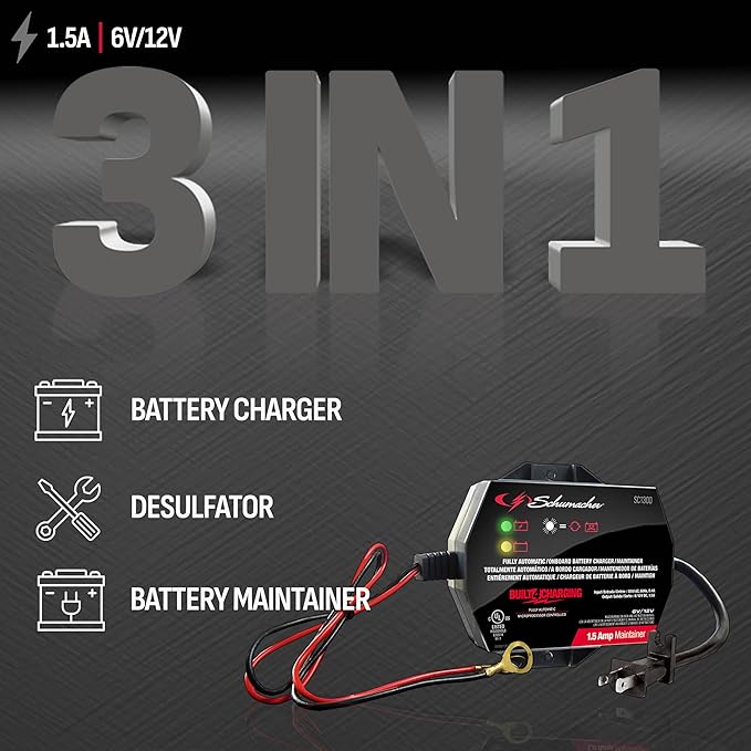 Schumacher Electric 1.5A Car Battery Charger and Maintainer, 3-in-1 Solution, for 6V/12V Power Sport, Automotive, and Marine Batteries, SC1300