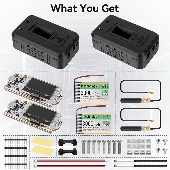 Meshnology 2 Set ESP32 Lo Ra V3 Module Board with 915 MHz Antenna + 3000mAh Battery + Case - WiFi Blue Tooth SX1262 CP2102 0.96” OLED Display Type C for Ar duino Mesh Tastic IoT (N35, Black)