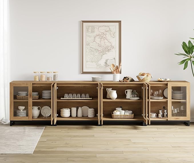 WAMPAT Modern TV Stand with Glass Doors for 120 inch TVs, 4 in 1 Entertainment Center Console with Adjustable Shelves and Metal Base for Living Room, Bedroom, Oak