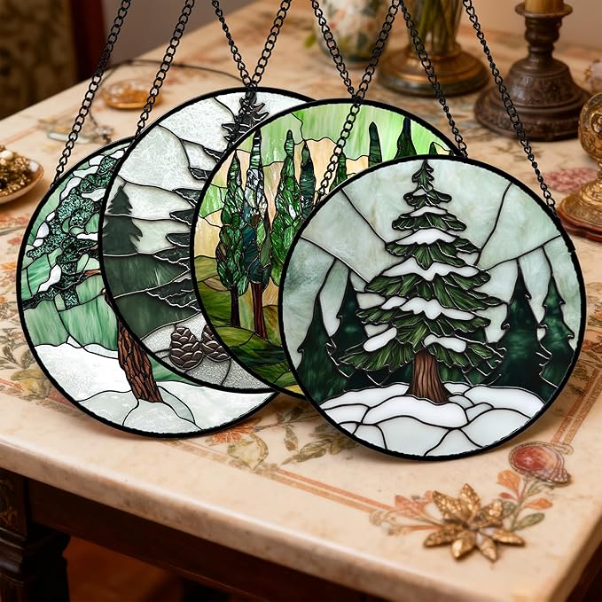 AMDERVEN Stained Glass Window Hanging 4 Pcs Set Forest Green Trees Winter Snow 7.8" - Suncatcher Door Garden Sun Catcher Home Decor Birthday Mother's Day for Woman Nana Mom Men