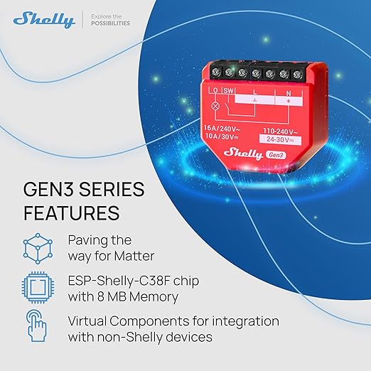 Shelly 1PM Gen3 | WiFi Smart Relay Switch with Power Metering, 1-Channel 16A | Home Automation | Compatible with Alexa & Google Home | iOS Android App | No Hub | Wireless Lighting Control