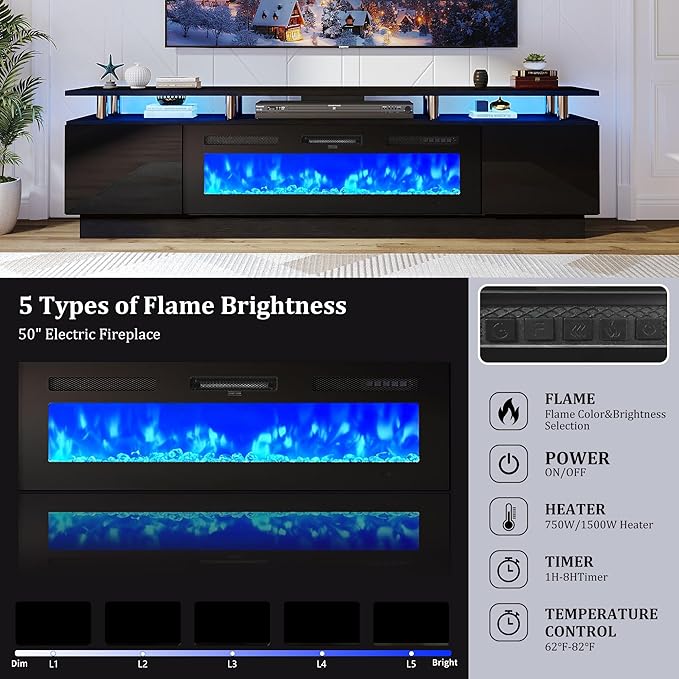 oneinmil 90'' Fireplace TV Stand with 50” Electric Fireplace, 2 Tier TV Console Stand for TVs Up to 100", LED Light Entertainment Center, Fireplace for The Living Room TV Stand, Black