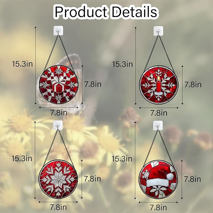 DASTOLL Stained Glass Window Hanging 4 Pcs Set Red Christmas Decorations Theme 7.8" - Suncatcher Door Garden Sun Catcher Decor Birthday for Mom Woman Nana Men Friend Wife